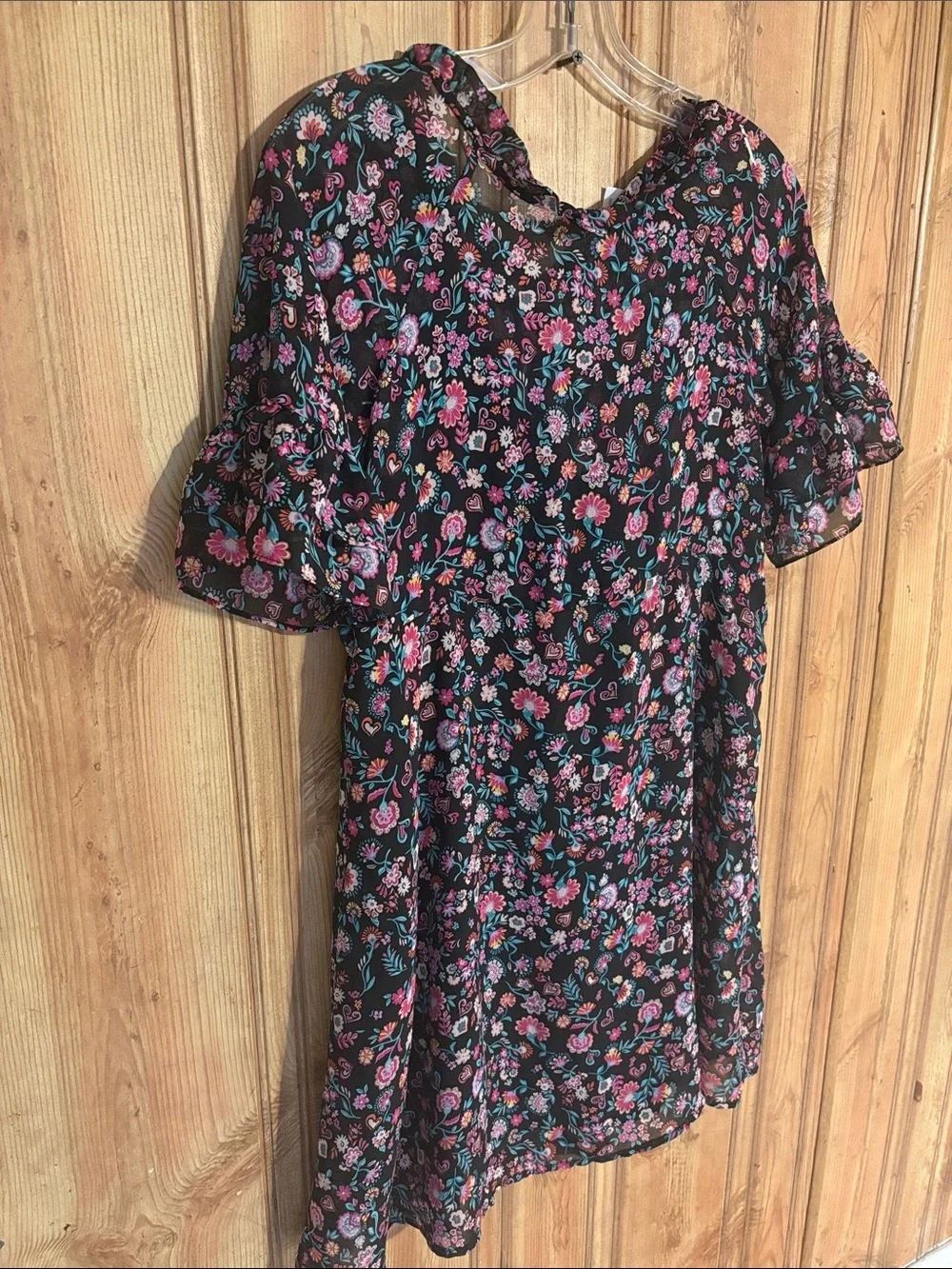 wonder nation Navy Floral Short Sleeve Dress with Pink & Purple Flowers